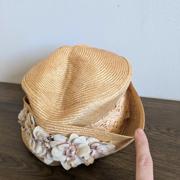 vintage hoodlums straw woven hat floral flower 1960s 1970s pillbox lace - Picture 3 of 6